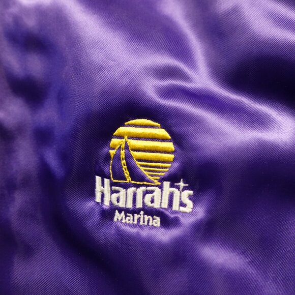 Vintage Satin Bomber Jacket Harrah’s Marina Hotel Casino Large Purple 80s Style - Picture 2 of 12